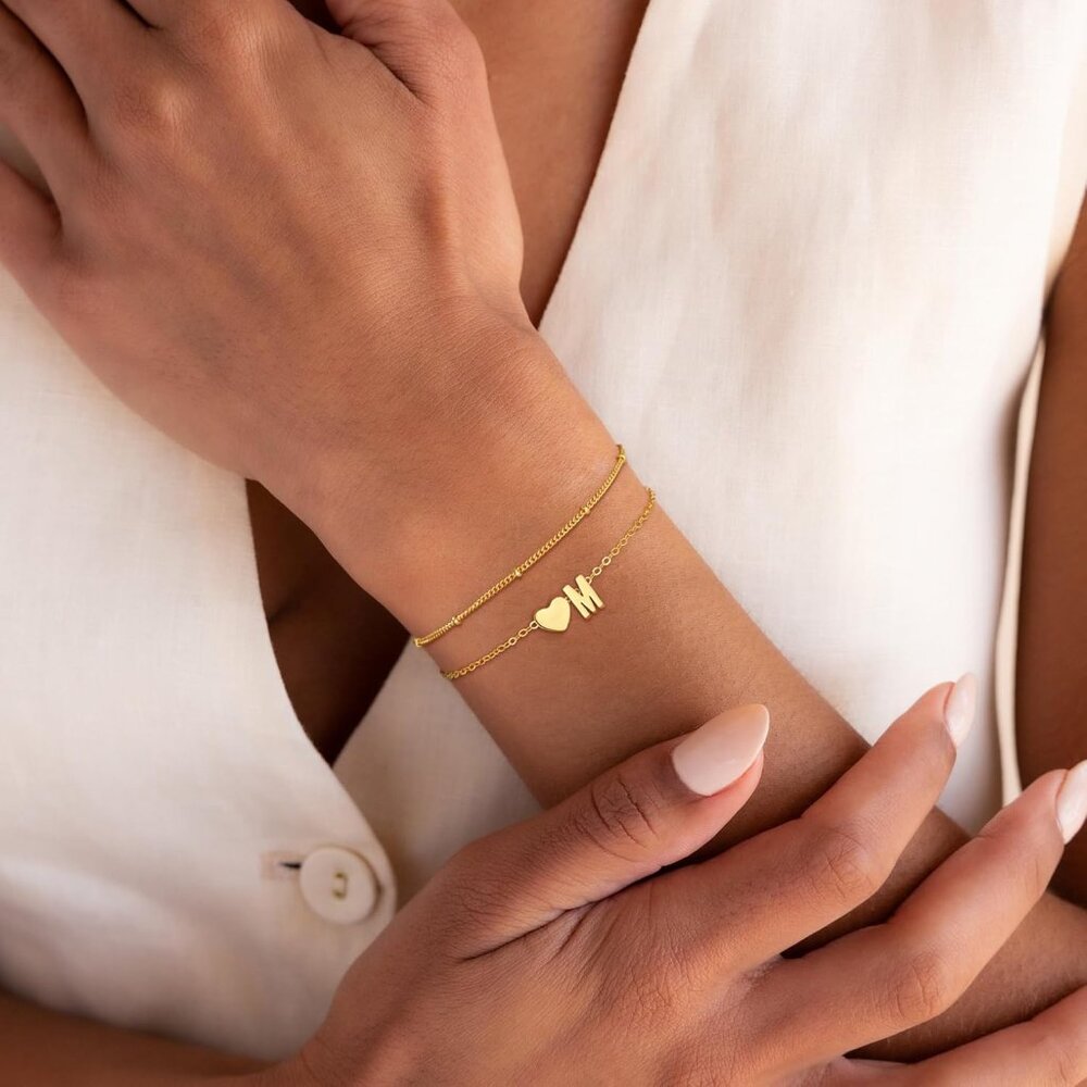 Christmas Gifts for Grandkids Teens Girls, 14K Gold Plated Heart Initial Bracele - Picture 3 of 7